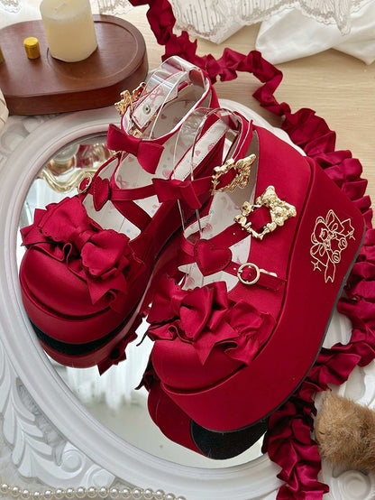 Wine Red Bear Buckle Straps Bowknot Platform Shoes with Bear Embroidery