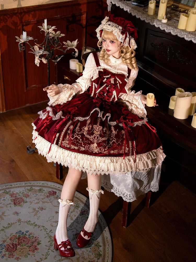 Bows Decoration Candle Embroidery Red Velvet Dress Lolita JSK / Set