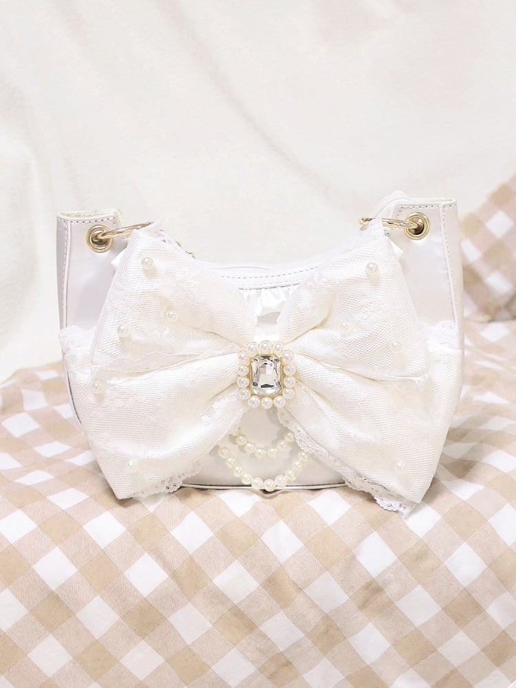 White Shoulder Bag in Sweet Lolita - Satin with Sparkling Beaded Bow
