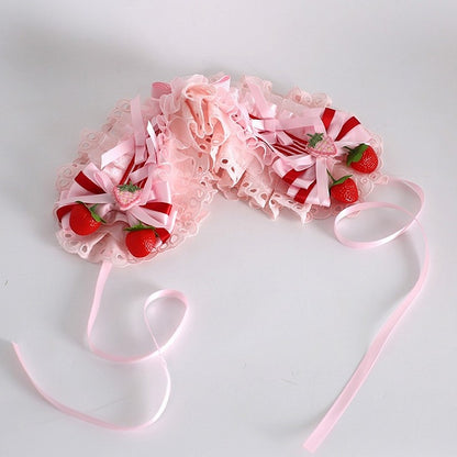 Pink/Red Sweet Lolita Strawberry Decorated Striped Pattern Bowknot Details Ruffled Hairband
