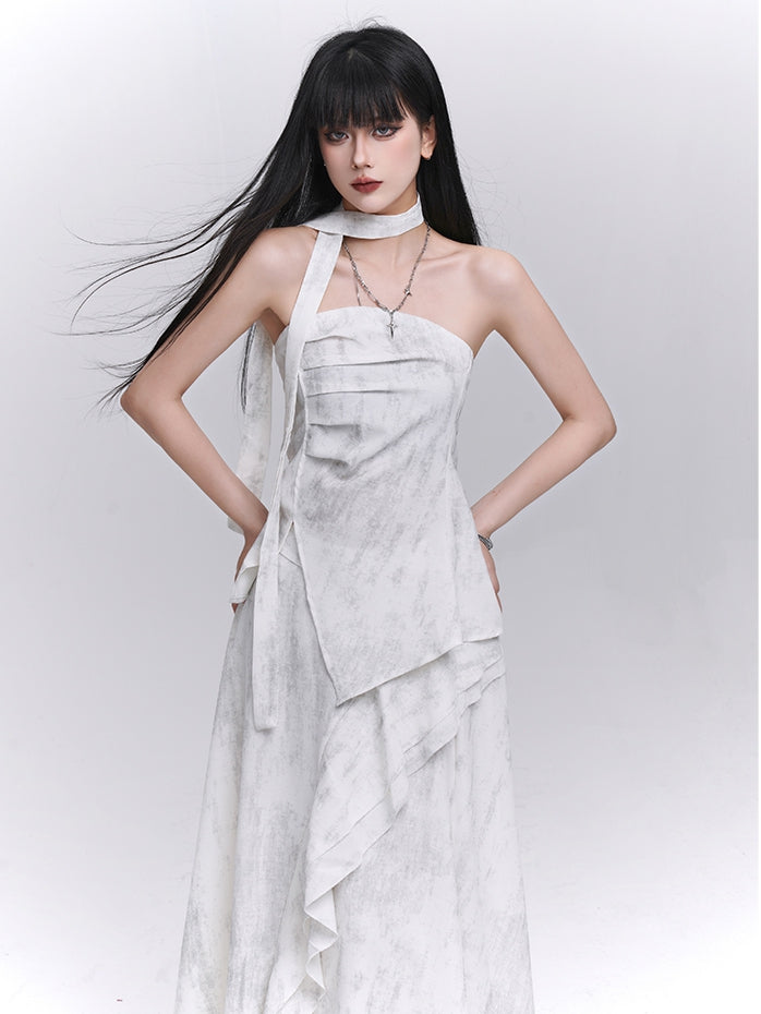 Off-white Side Slit Strapless Top with Scarf / Elastic Waist Cascading Ruffle Trim Skirt