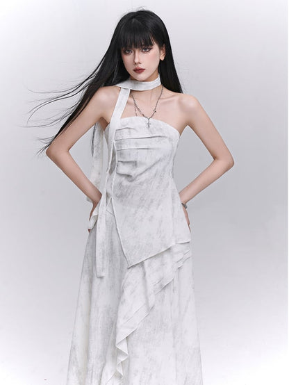 Off-white Side Slit Strapless Top with Scarf / Elastic Waist Cascading Ruffle Trim Skirt