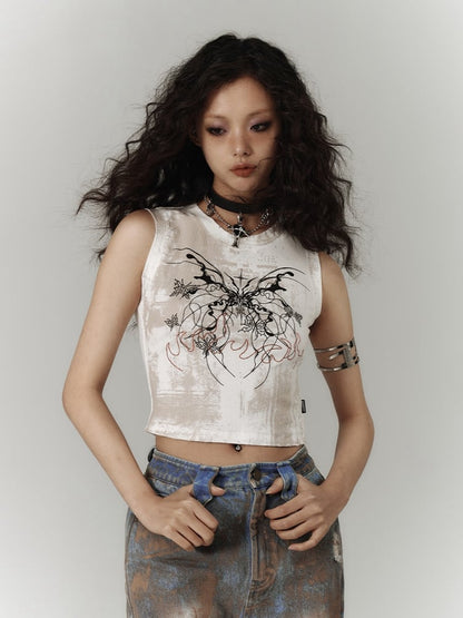 Y2K White Butterfly Print Slim Fit Tank Top