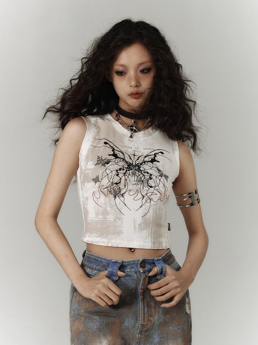 Y2K White Butterfly Print Slim Fit Tank Top