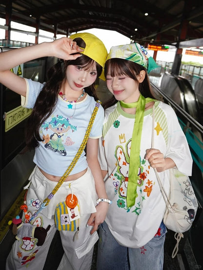 Cartoon Girl Print Blue Round Neck Cropped T-shirt with Free Necklace