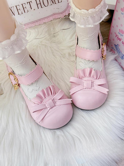 PU Pink Sweet Lolita Mary Janes - Round Toe Mid Heel with Bow, Ruffle Trim & Scalloped Strap