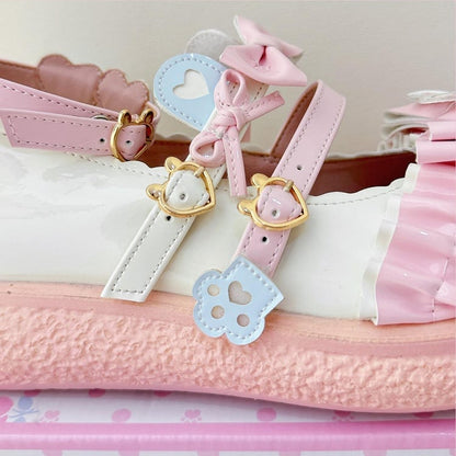 PU Pink Sweet Lolita Mary Janes - 3cm Flat Sole with Bear Theme & Heart Accents