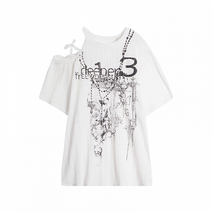 White Self-tie Lace Straps Cutout Shoulder T-shirt Loose Graphic Coverup