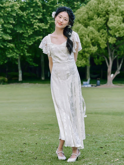 Vintage White Jacquard Lace Sleeves Summer Dress