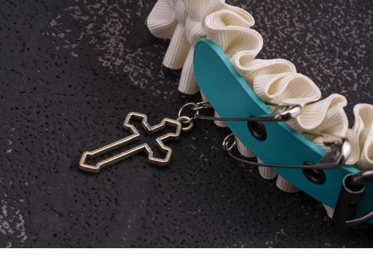 Side Blue PU Buckle White Cross and Pins Ruffled KC