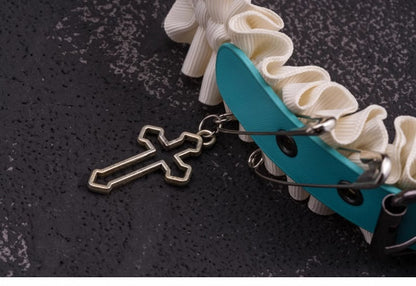 Side Blue PU Buckle White Cross and Pins Ruffled KC