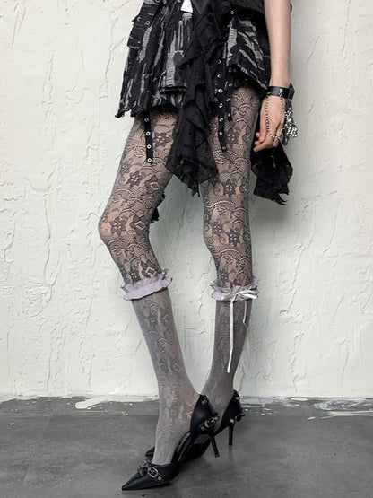 Gray Y2K Floral Pattern Hollow-out Design Tights