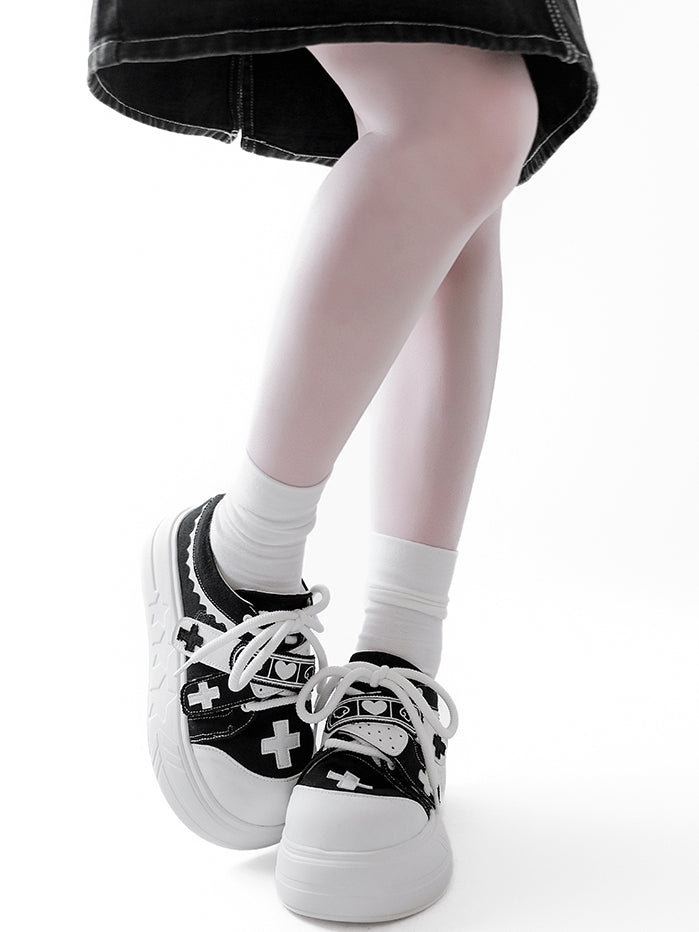 Black Yami Kawaii Cross Applique Crisscross Velcro Strap Closures Platform Sneakers