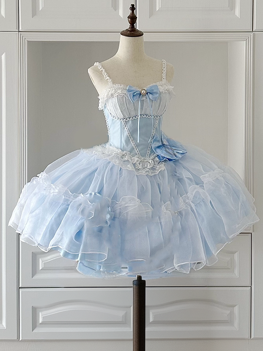 Plus Sizes Available Blue Boned Basque Waist Dress Princess Lolita Jumper Skirt
