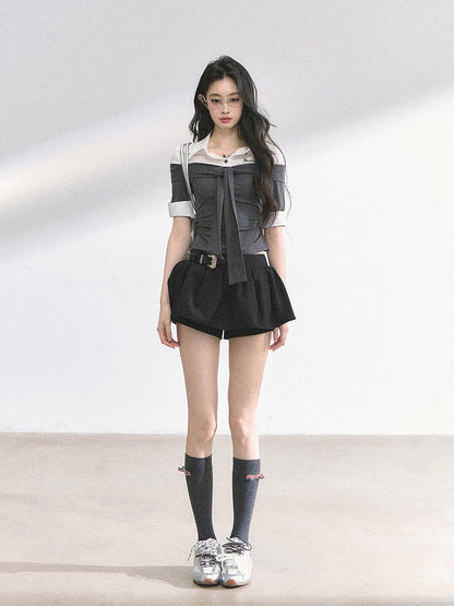 Gray and White Faux Two-pieces T-shirt Self-tie Straps at Neckline