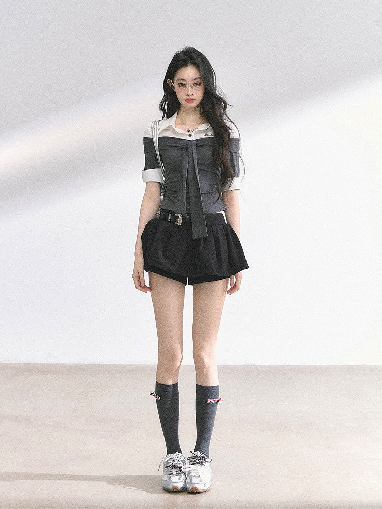 Gray and White Faux Two-pieces T-shirt Self-tie Straps at Neckline