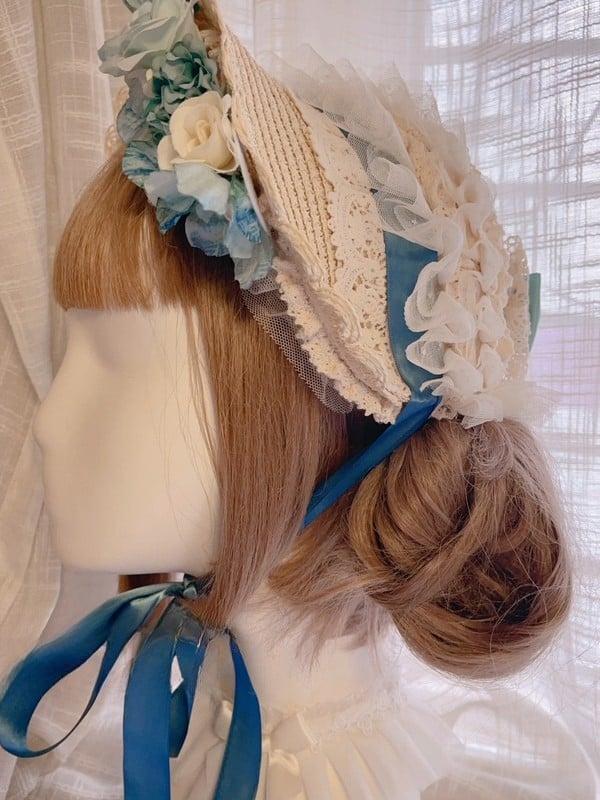 Light Blue Beaded And Bowknot Decorated Floral Design Lace Trim Bonnet