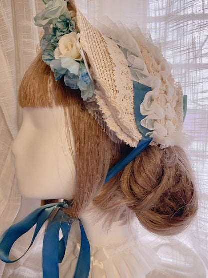Light Blue Beaded And Bowknot Decorated Floral Design Lace Trim Bonnet