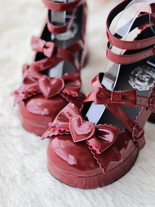Wine Red Sweetheart and Bow Accents Sweet Lolita Platform High Block Heels