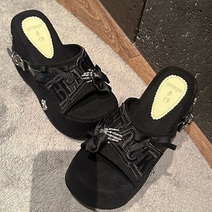 Y2K Skeleton Hand Embroidered Letters Punk Platform Slippers
