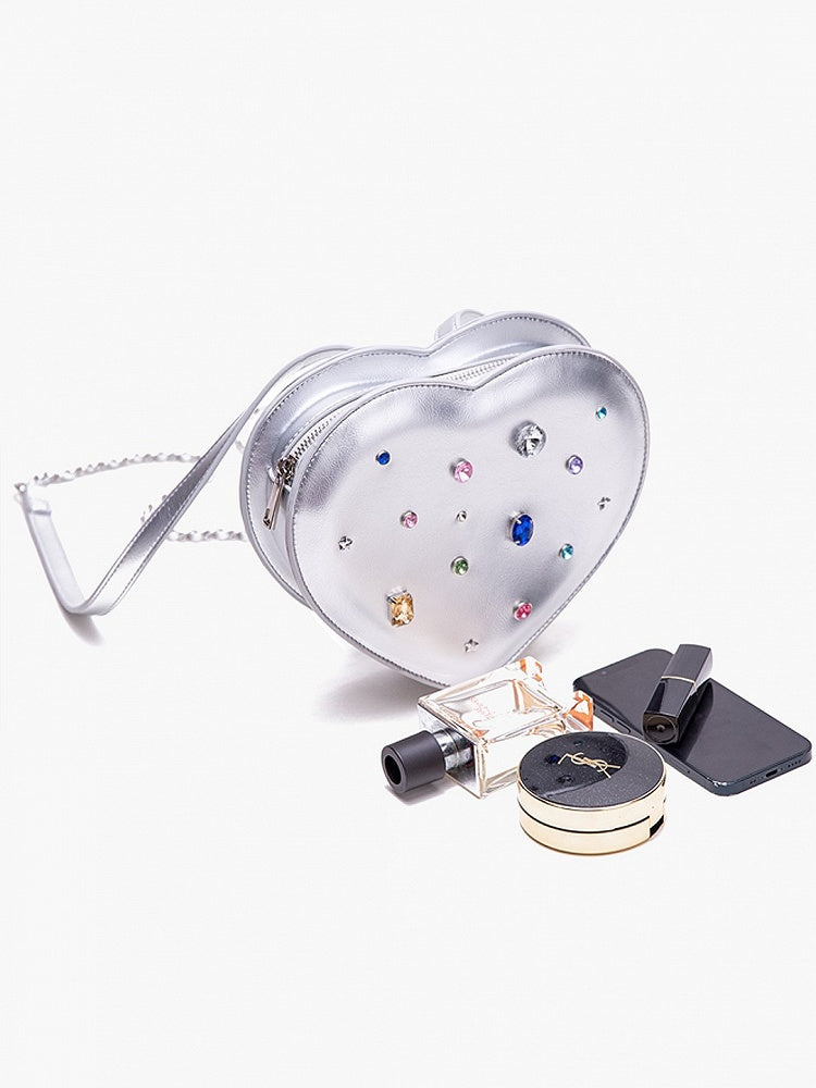 Sparkling Silver Heart-Shaped Backpack With Rhinestone Embellishments