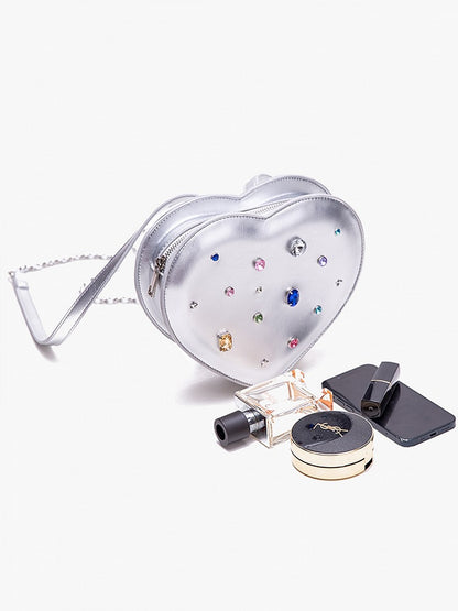 Sparkling Silver Heart-Shaped Backpack With Rhinestone Embellishments