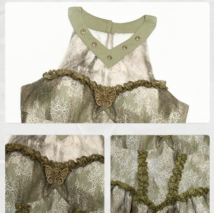 Halter Neck Light Green Basque Waist Forest Fairy Tie-dyed Dress