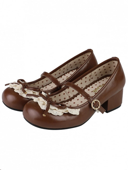 Chocolate Brown Knotted Bow Accent Lace Trim 2.2CM/4.3CM Heels Round Toe Mary Janes