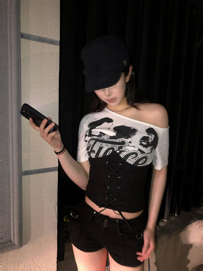 Black / White Asymmetrical Neckline T-Shirt with Lace-up Waist