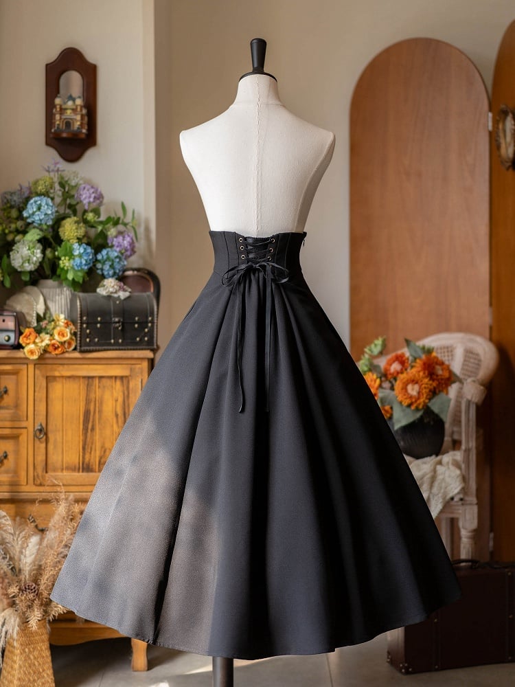 Black Boned Corset Belt High Waist Retro Midi Skirt with Button Accents