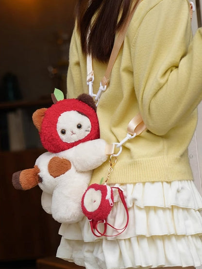 White Cute Kitty Heart Plush Backpack/Crossbody Bag + Red Apple Hat + Apple Backpack Keychian Middle/Large Size