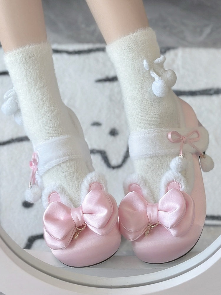 Pink Sweet Lolita Heart Charm Plush Bunny Ear Bow at Top Round Toe Shoes