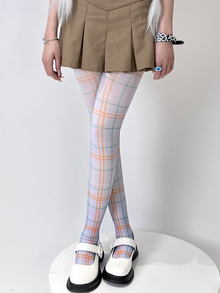 White&Green/Purple Y2K Plaid Tights