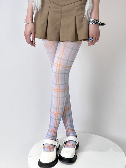 White&Green/Purple Y2K Plaid Tights