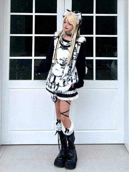 Black/Blue/Pink Sailor Collar Plush Sweater with Cartoon Girl Design - Oversized Fit