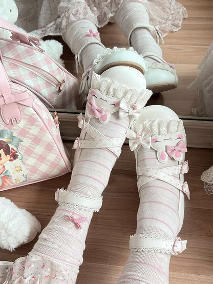 White Polka-dot Pattern Crisscross Design Bowknot Details Bunny Applique Lace Trim Sweet Lolita Shoes