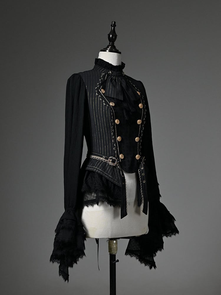Black Jabot Ruffle Neckline Cadcading Ruffle Cuffs Long Sleeves Ouji Lolita Top