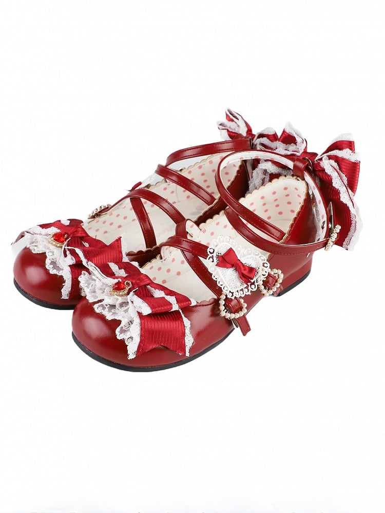 Red Sweet Lolita Bowknot Details Crisscross Design Heart Buckle Straps 2CM/5CM Block Heels Shoes