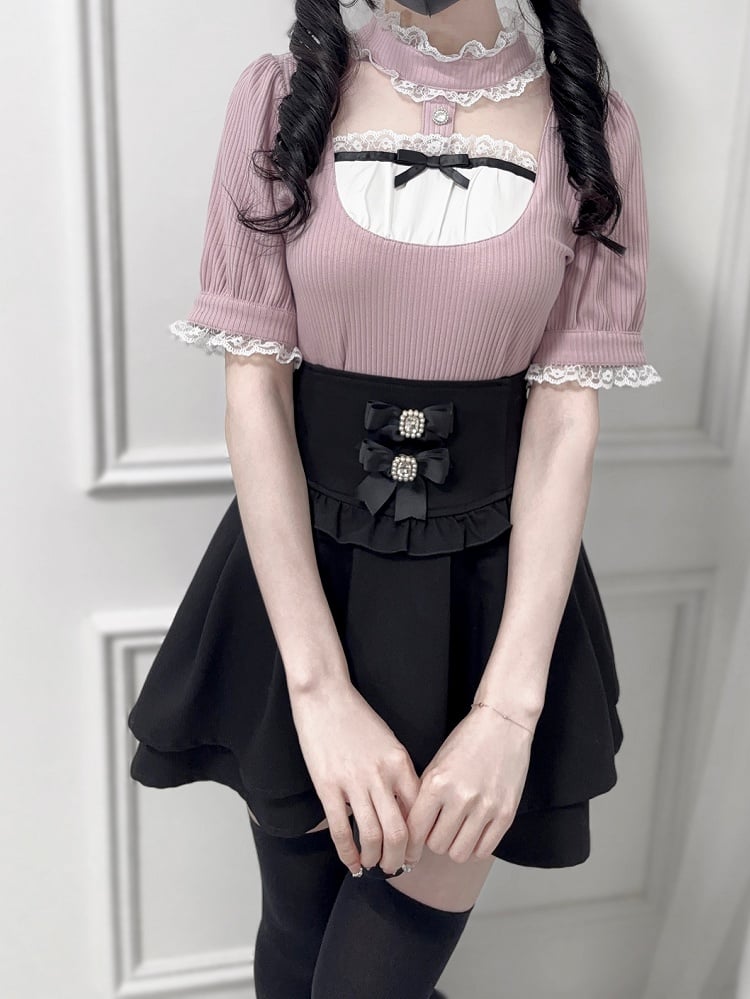 Jirai Kei Dusty Pink Banded Collar Cutout Front Short Sleeves Blouse