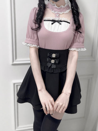 Jirai Kei Dusty Pink Banded Collar Cutout Front Short Sleeves Blouse