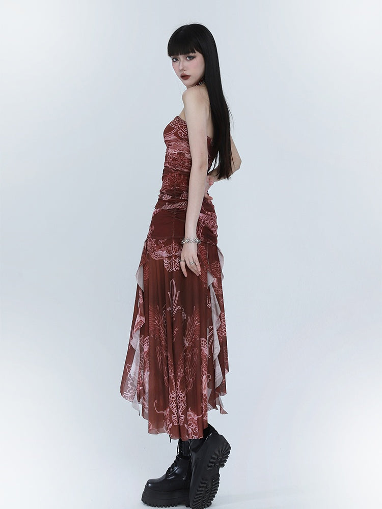 Red Dragon Print Asymmetrical Hem Slim-fitting Dress