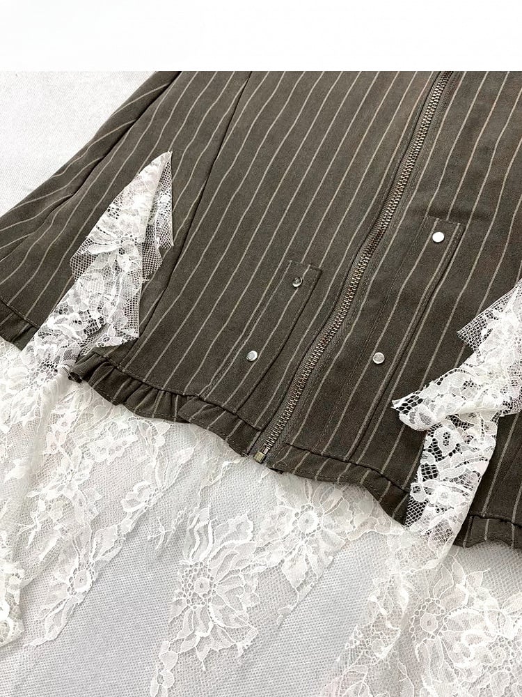 Army Green Millard Fashion Striped Pattern Contrast Lace Patches Cascading Ruffle Accents Skirt