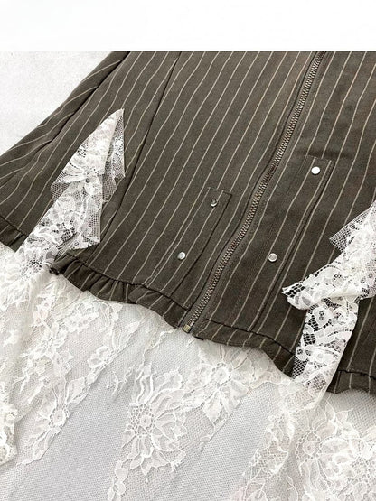 Army Green Millard Fashion Striped Pattern Contrast Lace Patches Cascading Ruffle Accents Skirt