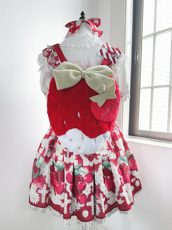 Red / Pink / Black Plush Strawberry Backpack, Convertible Crossbody Bag with Adjustable Strap