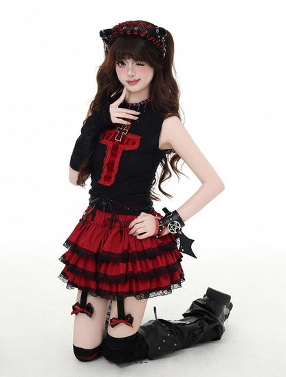 Y2K Red/Pink/Black Lace Trim Glamorous Tiered Skirt with Detachable Bowknot