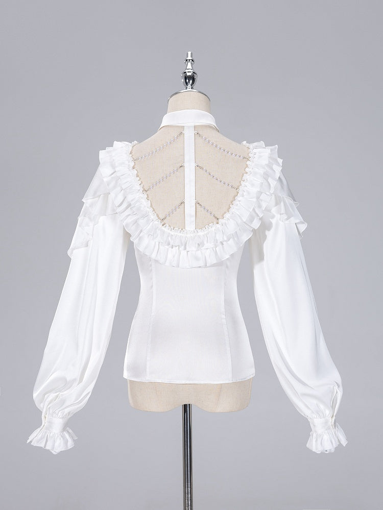 All White Cascading Ruffles V-neck Long Sleeves Backless Shirt with Bead Chains