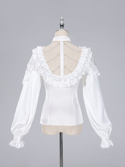 All White Cascading Ruffles V-neck Long Sleeves Backless Shirt with Bead Chains