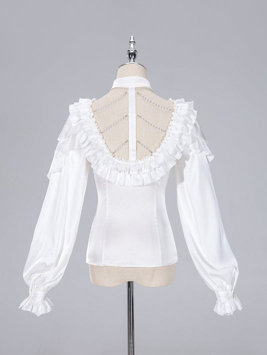 All White Cascading Ruffles V-neck Long Sleeves Backless Shirt with Bead Chains