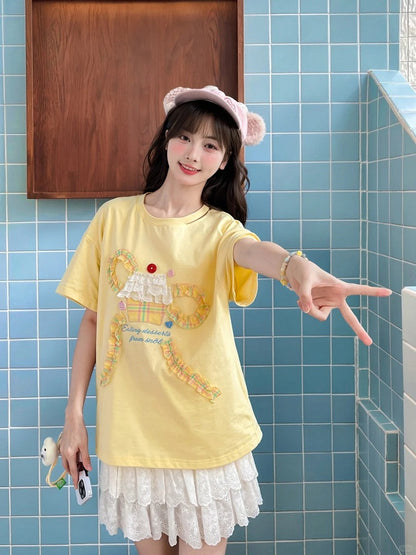 Yellow Ruffled Big Bowknot Tiered Lace Cake Design Cotton T-shirt