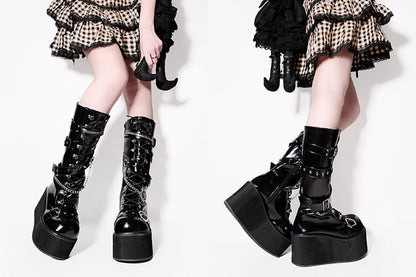 Studs Chains Metal Punk Polished Black Platform Boots